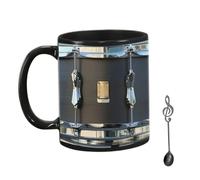 Peosaard British Drum Mug, Pottery Coffee Tumbler with Handle, 11oz Black Drumming Cup with Metal Spoon for Friends Colleagues Girls Love Mom Dad