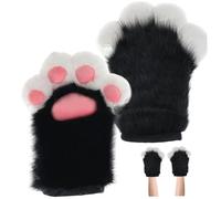Peosaard Cat Paw Gloves, Halloween Furry Paws 1 Pair Faux Furs Plush Cat Paw Gloves Fingerless Therian Paws Cute Fursuit for Halloween Cosplay Costume Accessories, Black and White, Therian