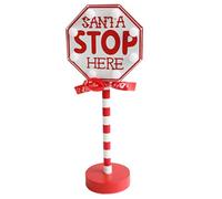 Peosaard Christmas Ornaments, Santa Stop Here Sign Light up Small Standing Christmas Signs with Wooden Base Vintage Rustic Sign Ornaments for Christmas Decorations No Battery Style1