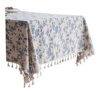 Peosaard Floral Table Cloth, Blue Floral Tablecloth 55x71 Inch Cotton Linen Floral Table Cloth Stitching Tassel Rectangle Tablecloth Pastoral Vintage Tablecloth for Kitchen, Blue and White Tablecloth