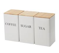 Peosaard Kitchen Canister Set, Coffee Tea Sugar Container Set of 3 Iron Tea Coffee Sugar Canister Set with Airtight Bamboo Lid and Name Marker Simple Square Kitchen Canister Set White