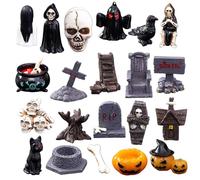 Peosaard Miniature Halloween Figurines, 21 Pcs Halloween Miniatures, Resin Mini Village Figurines, Horror Skull Heads Crow Tombstone Village Accessories for Party Favors