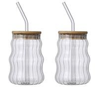 Peosaard Ribbed Glassware Drinking Glasses with Straws and Lids Wave Fluted Glassware 500ML Coffee Cups Tumbler for Juice Beverage 2Pcs, Ribbed Drinking Glasses