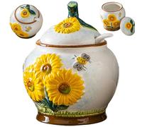 Peosaard Sugar Holder, Sugar Container, Embossed Sunflower and Bee Bowl with Lid and Spoon, 4x4.7 Ceramic Bowl for Kitchen Countertop, Coffee Bar, with Lid