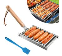 PEOUWNES Hot Dog Roller, Stainless Steel BBQ Hot Dog Griller For Evenly Cooked Hot Dogs with Detachable Wooden Handle for Outdoor Cooking and Barbecue for Beef Franks Wieners(Small）