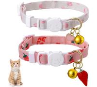 PEOVLVN 2 Pack Cat Collars Breakaway Cute Kitten Collar with Bell Pink Strawberry and White Heart Shaped Pendant Adjustable Cat Collar for Girl Cats Accessories
