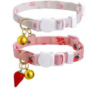 PEOVLVN 2 Pack Cotton Breakaway Cat Collars, Pink Strawberry and White Heart Shaped Pendant Adjustable Kitten Collar with Bell Cute Cat Collars for Girl Cats Accessories