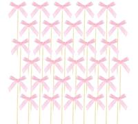 PEOVLVN 24 Pcs Bow Cupcake Toppers, Pink Ribbon Bow Cake Topper Reusable Cupcake Picks Birthday Decorations for Wedding Baby Shower Bachelorette Halloween Christmas Party Supplies