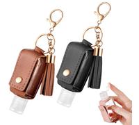 PEOVLVN 2Pcs Portable Leather Hand Sanitizer Holder, Travel Size Keychain Case Refillable Bottle for Toiletry Lotion Liquid Soap Shampoo (Black, Brown)