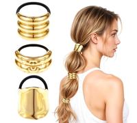 PEOVLVN 3-Piece Metal Geometric Hair Tie Set with Gold Cuff - Elastic Ponytail Holder and Hair Accessories for Women