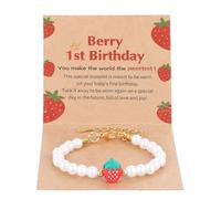 PEOVLVN Berry First Birthday Decor, Adjustable Strawberry Pearls Bracelet with Greeting Card and Gift Bag Sweet One Year Old Girl Birthday Gifts for Daughter Niece Granddaughter