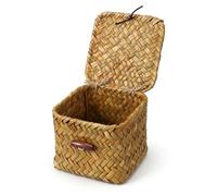 PEOVLVN Mini Seagrass Basket, Small Wicker Basket with Lid Small Decorative Box Square Handwoven Storage Baskets for Shelf Key Jewelry Home Decor Organizer (3.94 * 3.94 * 3.15inch)