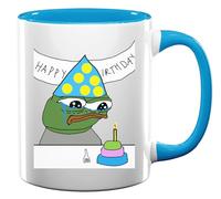 Pepe Very sad Happy Birthday Cake Meme Ceramic Tea Coffee Mug Light Blue