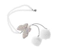 PEPLAYTAL Crystal Butterfly Car Rear View Mirror Charm with Plush Faux Fur Balls Rhinestone Hanging Ornament for Car Accessories Elegant Lucky Interior Decoration