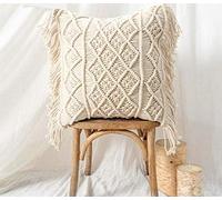 pepme Macrame Cushion Cover Cotton Throw Pillows Boho Handmade Knit case Sofa Decor Fringes (Square, Off-White, 16x16 Inches)