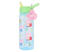 Peppa Pig 500ml Water Bottle with Straw, Green Lid, Character Keyring Charm, Polypropylene Kids Drink Bottle