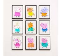 Peppa pig characters watercolour splash effect wall prints, set of 9 unframed A4 (21cm x 29.7cm) Peppa pig characters cartoon wall art prints, Super colourful watercolour effect prints for kids room