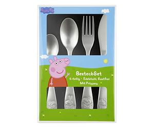 Peppa Pig Children's Cutlery Set, 4 Piece Cutlery Set with Knife, Fork, Soup Spoon and Dessert Spoon, Embossed Stainless Steel Cutlery