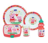 Peppa Pig Children's Dish Set with 1 x 16 cm Deep Plate, 1 x Plate Diameter 22 cm, 1 x 220 ml Glass, 1 x 350 ml Bottle and 1 Snack Box - Reusable Tableware, Pink