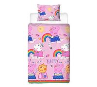 Peppa Pig Friends Single Pink Duvet Cover With Matching Pillow Case - Two Sided Reversible Hooray Rainbow Design, Microfibre