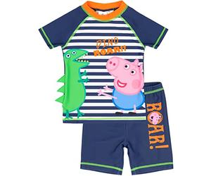 Peppa Pig George Pig Swimsuit for Boys | Blue Character Dinosaur Roar Two-Piece Top Shorts Bathing Suit Swim Set | Kids Animated Series Swimwear