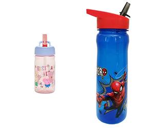 Peppa Pig Nostalgia Water Bottle with Flip up Straw 380ml - Pink & Purple & MARVEL 1325 1698 Spider-Man Hero Reusable Water Bottle, polypropylene, Blue and red, 600ml