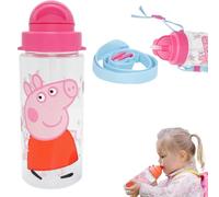 Peppa Pig Plastic Water Bottle, BPA- free Straw Sipper with Strap, 500ml Leakproof Christmas Summer Water Bottles for Cycling Running Travel Back To School Kids 3+ Years Size - 20cm