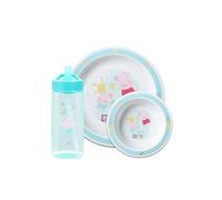 Peppa Pig Plate & Bowl Water Bottle Set 6m+ BPA Free Blue Colourway 3 Piece Dining Set, Reuseable 420ml Square Straw Sipper, 8.5 Inch Plate, 7 Inch Bowl
