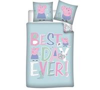 Peppa Pig Reversible Children's Bedding Set - Duvet Cover 140 x 200 cm and Pillowcase 65 x 65 cm - 100% Soft Polyester - Certified Oeko-Tex Standard 100 - Best Day Ever Design Blue and Pink