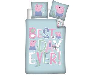 Peppa Pig Reversible Children's Bedding Set - Duvet Cover 140 x 200 cm and Pillowcase 65 x 65 cm - 100% Soft Polyester - Certified Oeko-Tex Standard 100 - Best Day Ever Design Blue and Pink