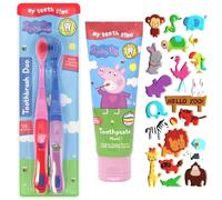 Peppa Pig Toothbrush Duo and Toothpaste Gift Set, 2 Toothbrushes with Bubblegum Flavoured Kids Toothpaste for Ages 3-8, a Hadco Puffy Sticker Sheet Included