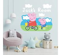 Peppa Pig Wall Sticker - Peppa and George Clouds Personalised Name Wall Decal Kids Art (60cm Width x 50cm Height)