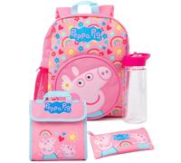 Peppa Pig Girls Backpack Set | Kids 4 Piece Pink Rucksack Set with School Bag, Pencil Case, Lunch Bag & Water Bottle | Peppa & George Pig Complete Matching Accessory Bundle | Back to School Gifts