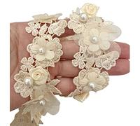 PEPPERLONELY 1 Yard Cream Pearl Rose Flower Embroidered Lace Trim Ribbon Wedding Applique DIY Sew On Supplies Craft Decoration 4cm