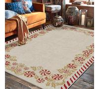 Peppermint Area Rug, Christmas Festive Candy Cane Holly Christmas Red Non-Slip Backing Aesthetic Rectangle Home Floor Carpet Rugs for Living Room Bedroom Kitchen Hallway Decor 5' X 7'