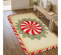 Peppermint Area Rug, Christmas Festive Holly Swirls Christmas Red Low Pile Foam Soft Doormat Throw Rug Stain Resistant Bathroom Entryway Bedside Laundry Room Decor 3' X 5'
