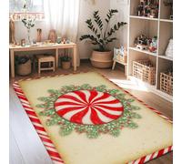 Peppermint Area Rug, Christmas Festive Holly Swirls Christmas Red Non-Slip Edge Binding Home Rectangle Carpet Rugs for Living Room Bedroom Under Bed Apartment Decor 4' X 6'