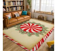 Peppermint Area Rug, Christmas Festive Holly Swirls Christmas Red Non-Slip Indoor Rectangle Carpet Non Shedding Rugs for Living Room Bedroom Dining Desk Office Decor 5' X 7'