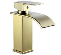 Peppermint Basin Taps Mixers Waterfall Brushed Gold Bathroom Sink Mixer Tap Square Monobloc 1 Hole with G1/2'' Hoses Modern Cloakroom Taps Golden Mono Lead-Free Stainless Steel