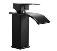 Peppermint Basin Taps Mixers Waterfall Matte Black Bathroom Sink Mixer Tap Square Monobloc 1 Hole with G1/2'' Hoses Modern Cloakroom Taps Black Mono Lead-Free Stainless Steel