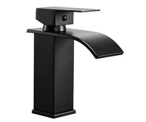 Peppermint Basin Taps Mixers Waterfall Matte Black Bathroom Sink Mixer Tap Square Monobloc 1 Hole with G1/2'' Hoses Modern Cloakroom Taps Black Mono Lead-Free Stainless Steel