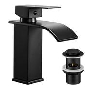 Peppermint Basin Taps Mixers Waterfall Matte Black with Slotted Pop-up Waste Bathroom Sink Mixer Tap Square Monobloc 1 Hole with G1/2'' Hoses Modern Cloakroom Taps Mono Lead-Free Stainless Steel
