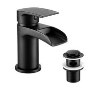 Peppermint Black Bathroom Taps with Pop Up Waste, Basin Taps Mixers Waterfall Bathroom Sink Tap with Basin Waste, Modern Single Handle Watefall Tap with Hot and Cold Water Hoses