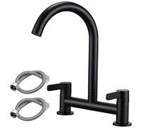 Peppermint Black Kitchen Sink Mixer Taps 2 Hole Dual Lever 180MM Centers | Bridge Kitchen Taps Mixer 2 Hole with Flexible Tails, Traditional 1/4 Turn Deck Mounted, 360° Swivel Spout, Brass, Easy Fit