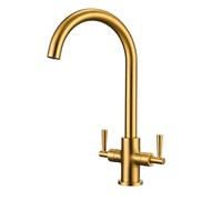 Peppermint Brushed Gold Kitchen Tap Dual Lever Rustic Traditional Vintage | 360° Swivel Spout for Double Sinks, Anti-corrosion Brass for Durable Use, Monobloc Kitchen Sink Taps Mixer, Easy DIY Install
