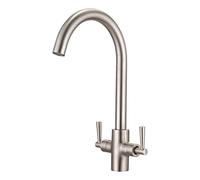 Peppermint Brushed Nickel Kitchen Tap Swan Neck Dual Lever Stainless Steel | Monobloc Kitchen Sink Mixer Taps 1 Hole, 360° Swivel Spout with Built-in Aerator, Rustproof Splash-free, Easy to Install