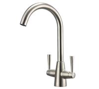 Peppermint Brushed Steel Kitchen Tap Dual Lever Monobloc Sink Taps 1 Hole | Brushed Nickel Kitchen Mixer Tap, Rustproof Stainless Steel, 33CM 360° Swivel Swan Neck, Traditional Vintage Style, Easy Fit