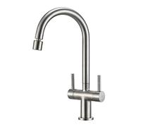 Peppermint Brushed Steel Kitchen Tap with 2 Function Aerator Stream & Spray | 36cm High Arc 360° Swivel Kitchen Sink Mixer Taps, Dual Lever Stainless Steel UK Fittings, Monobloc Easy Install Taps 1 Hole