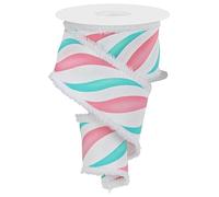 Peppermint Candy Cane Swirl Wired Ribbon with Fuzzy Drift Edges for Christmas Bows, Wreaths, Crafts, and Decorations (Pink, White, Ice Blue, Mint, 2.5" x 10 Yards)