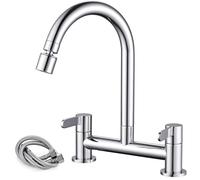 Peppermint Kitchen Mixer Taps 2 Hole with 2 Function Aerator 180MM Centers | Bridge Kitchen Taps Mixer 2 Hole Dual Lever, Brass, Chrome Sink Taps with Flexi Hoses, Deck Mounted 1/4 Turn Faucet, Easy Fit